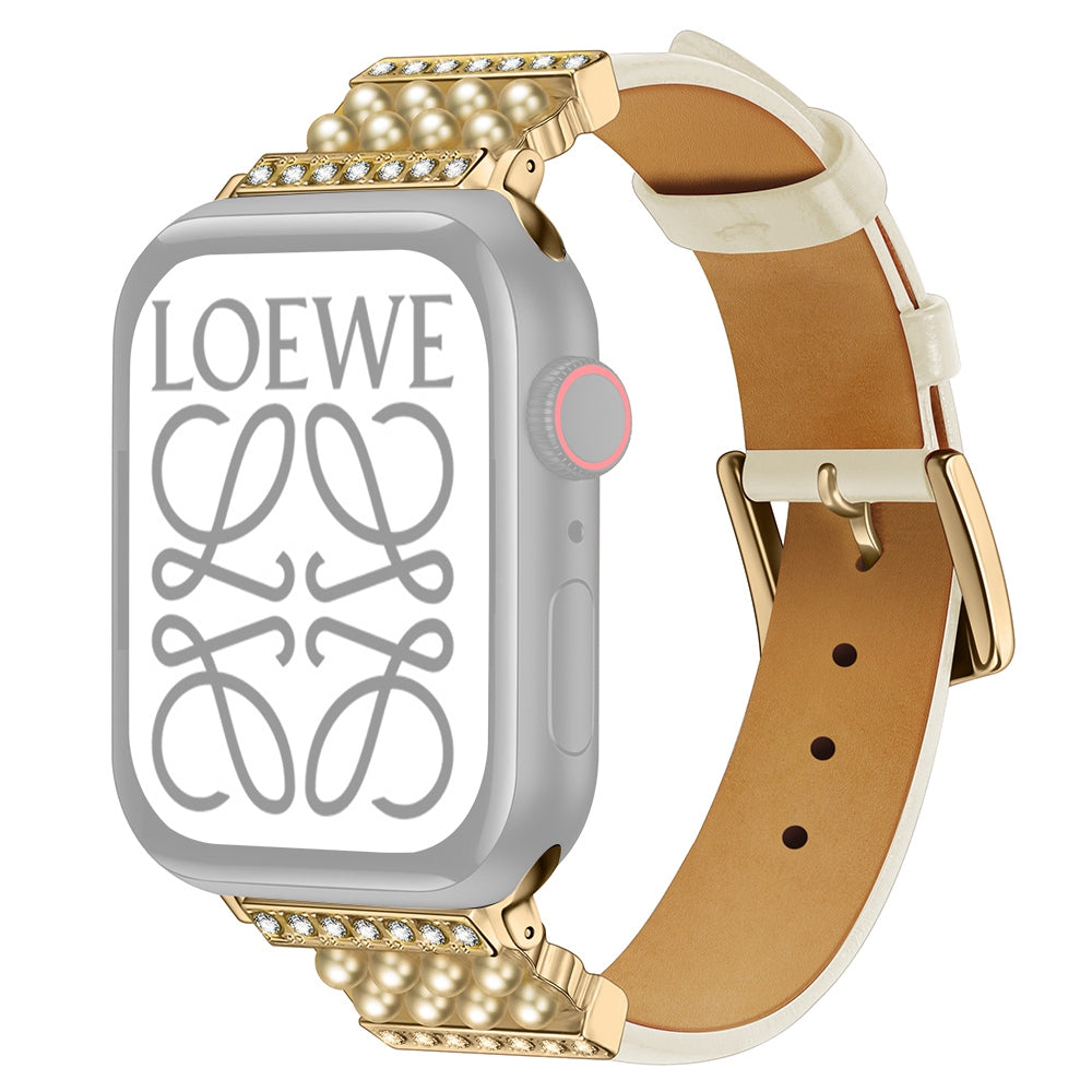 For Apple Watch Series 9 8 7 41mm 6 5 4 SE (2023) SE(2022) SE 40mm 3 2 1 38mm Genuine Leather Pearl Rhinestone Decor Watch Band Wrist Strap For Apple Watch Series 9 8 7 41mm 6 5 4 SE (2023) SE(2022) SE 40mm 3 2 1 38mm Genuine Leather Pearl Rhinestone Decor Watch Band Wrist Strap
